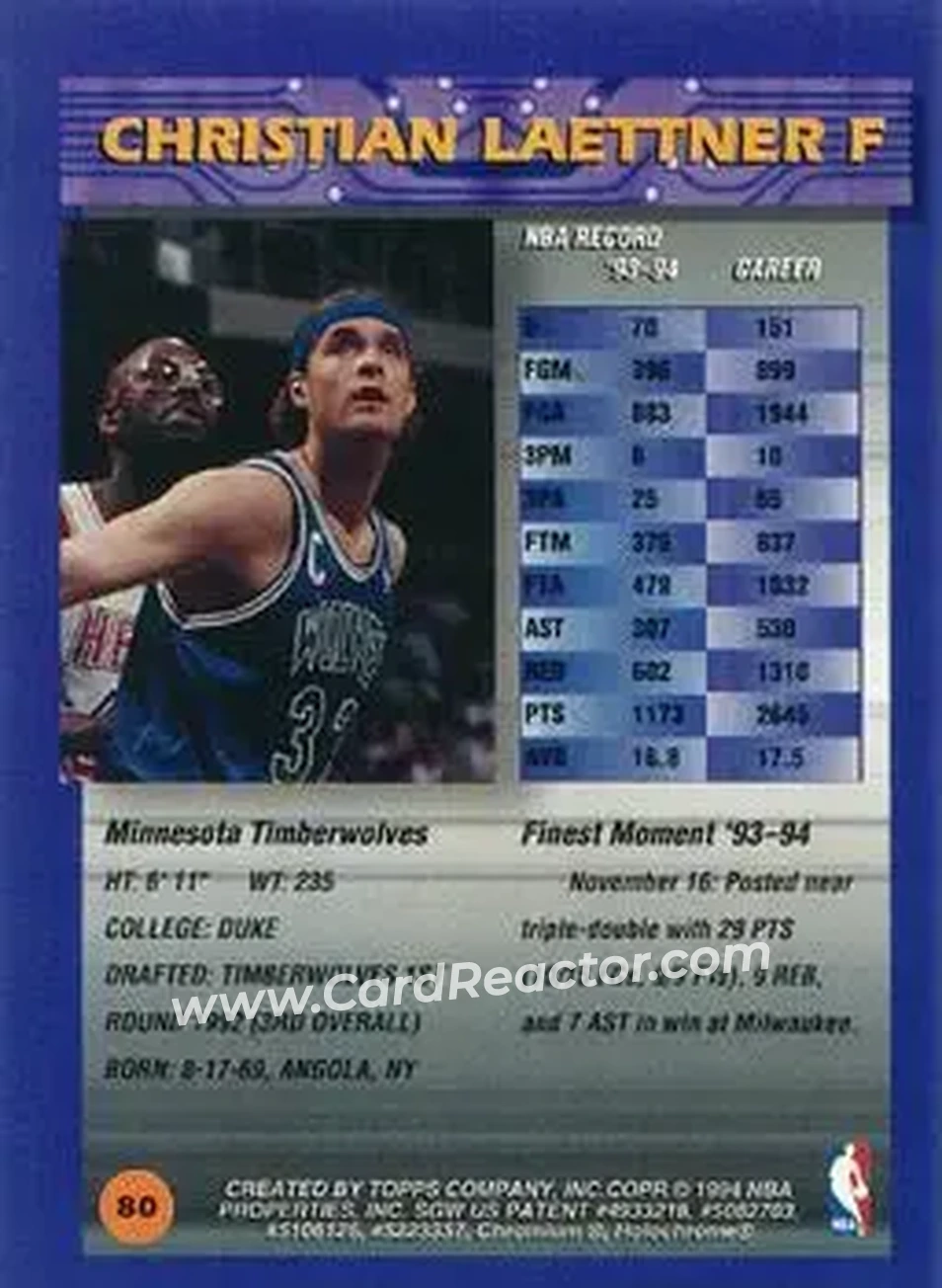 1994-95 Finest - Refractors #80 - Christian Laettner - Minnesota Timberwolves - Back
