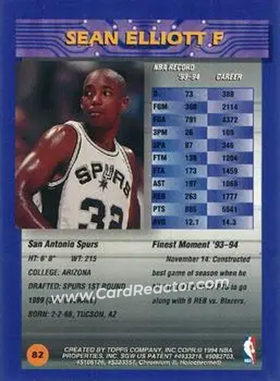 1994-95 Finest - Refractors #82 - Sean Elliott - San Antonio Spurs - Back 1994-95 Finest - Refractors #82 - Sean Elliott - San Antonio Spurs - Back