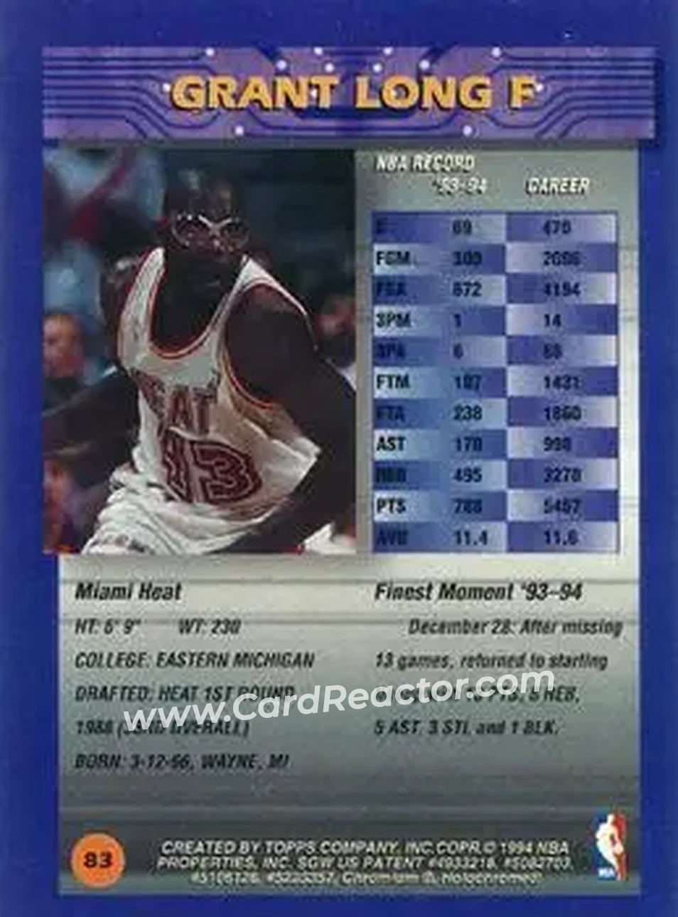1994-95 Finest - Refractors #83 - Grant Long - Miami Heat - Back
