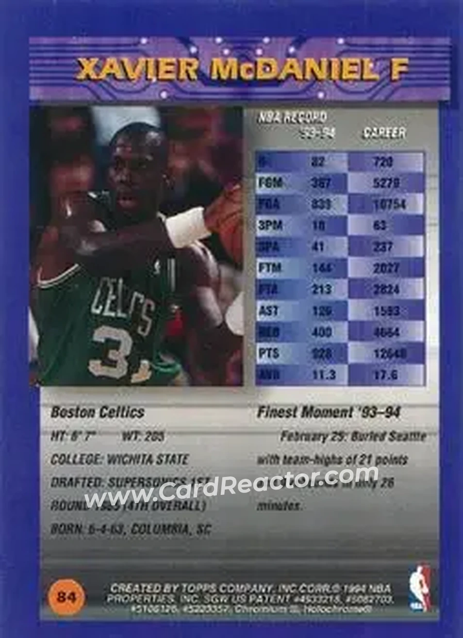 1994-95 Finest - Refractors #84 - Xavier McDaniel - Boston Celtics - Back