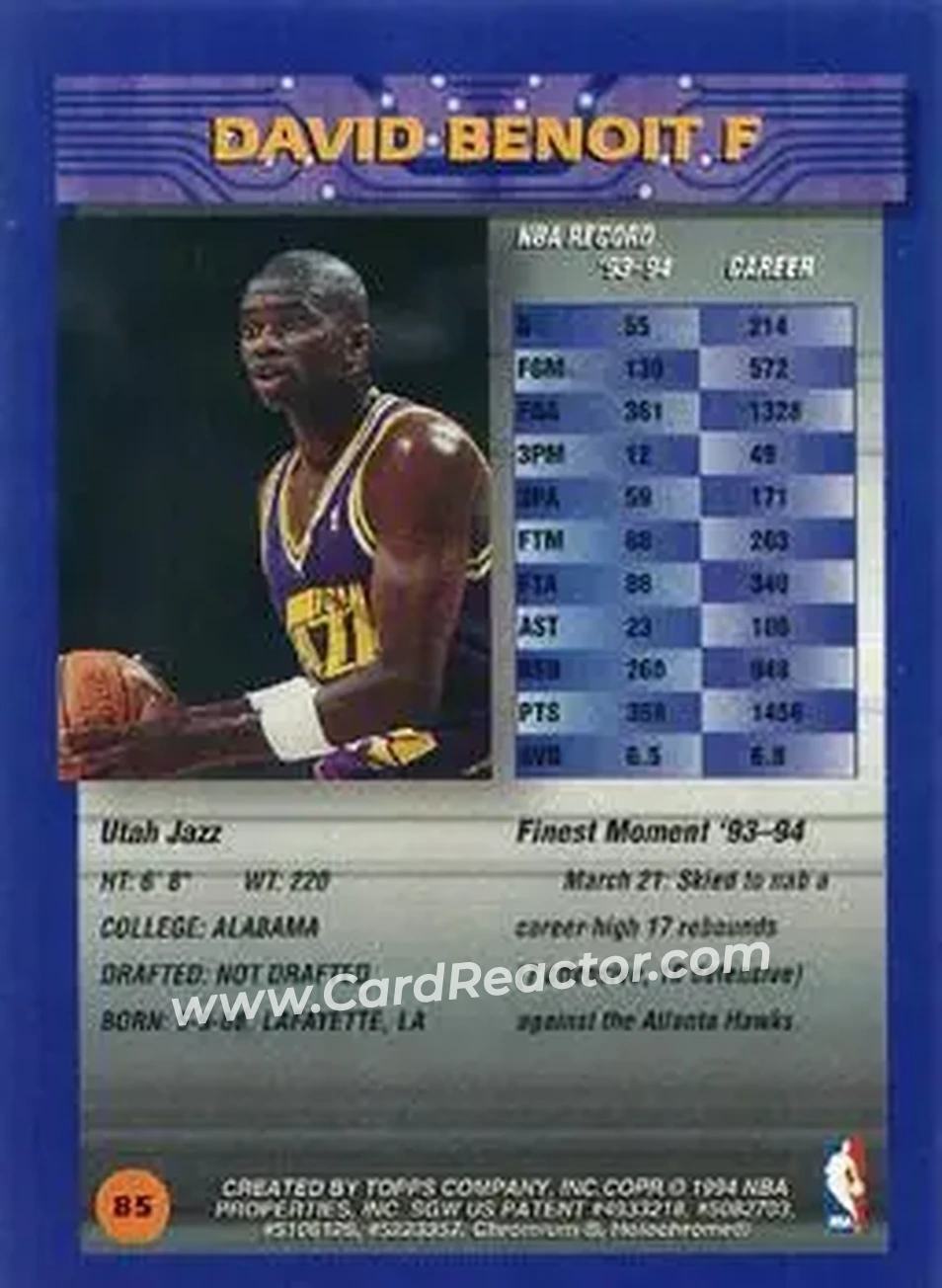 1994-95 Finest - Refractors #85 - David Benoit - Utah Jazz - Back