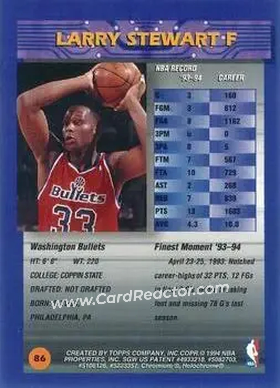 1994-95 Finest - Refractors #86 - Larry Stewart - Washington Bullets - Back 1994-95 Finest - Refractors #86 - Larry Stewart - Washington Bullets - Back