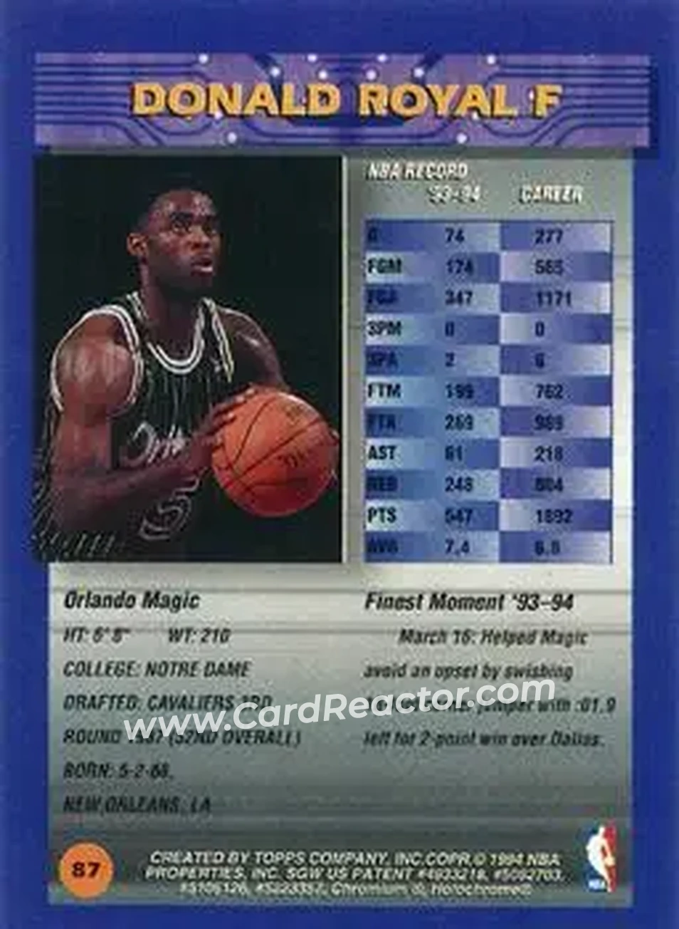 1994-95 Finest - Refractors #87 - Donald Royal - Orlando Magic - Back 1994-95 Finest - Refractors #87 - Donald Royal - Orlando Magic - Back