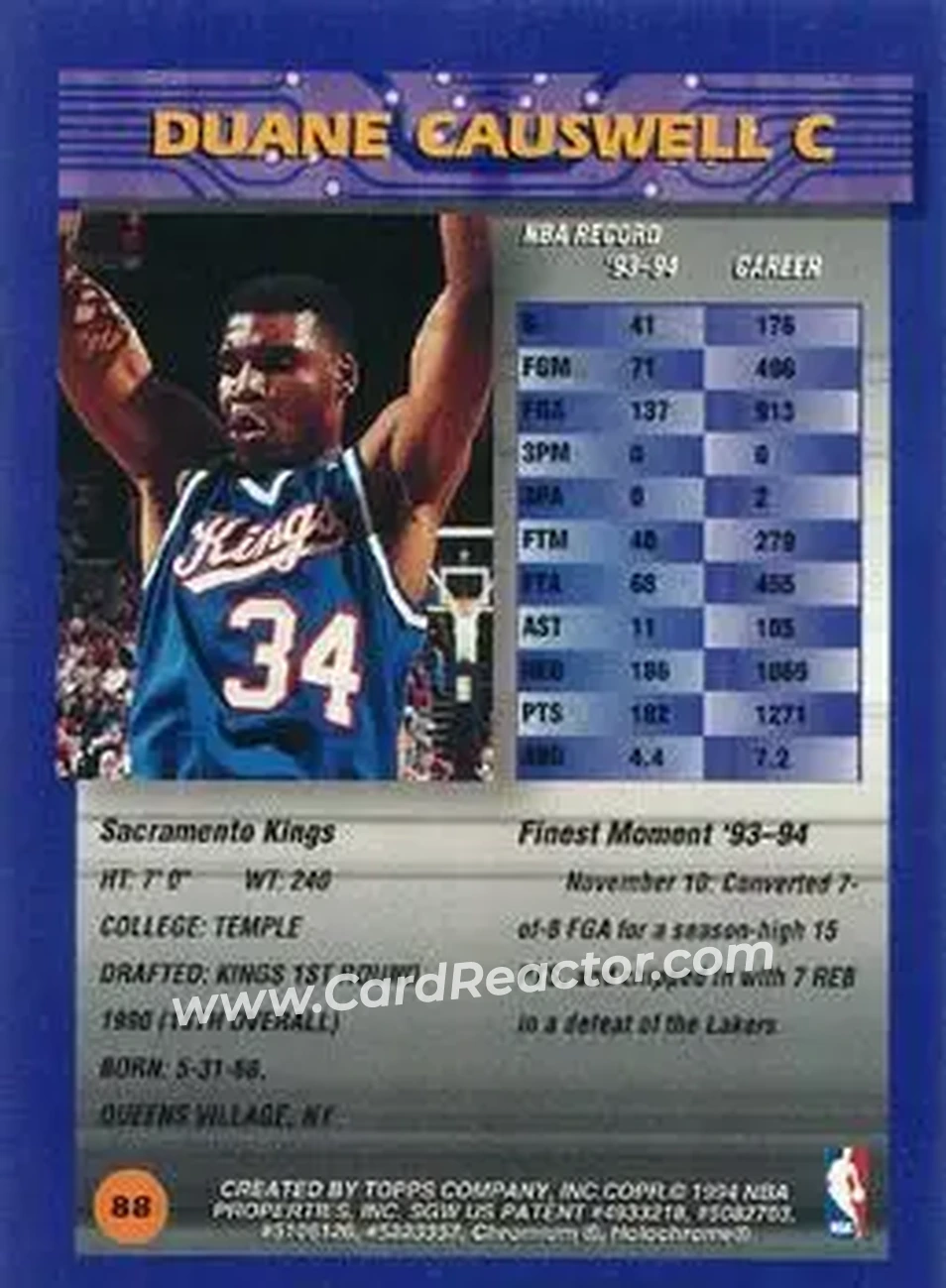 1994-95 Finest - Refractors #88 - Duane Causwell - Sacramento Kings - Back 1994-95 Finest - Refractors #88 - Duane Causwell - Sacramento Kings - Back