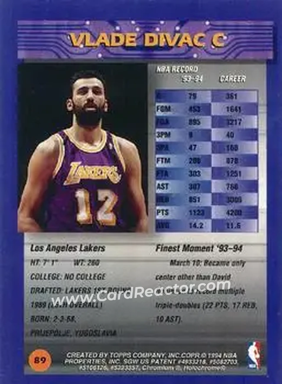 1994-95 Finest - Refractors #89 - Vlade Divac - Los Angeles Lakers - Back 1994-95 Finest - Refractors #89 - Vlade Divac - Los Angeles Lakers - Back