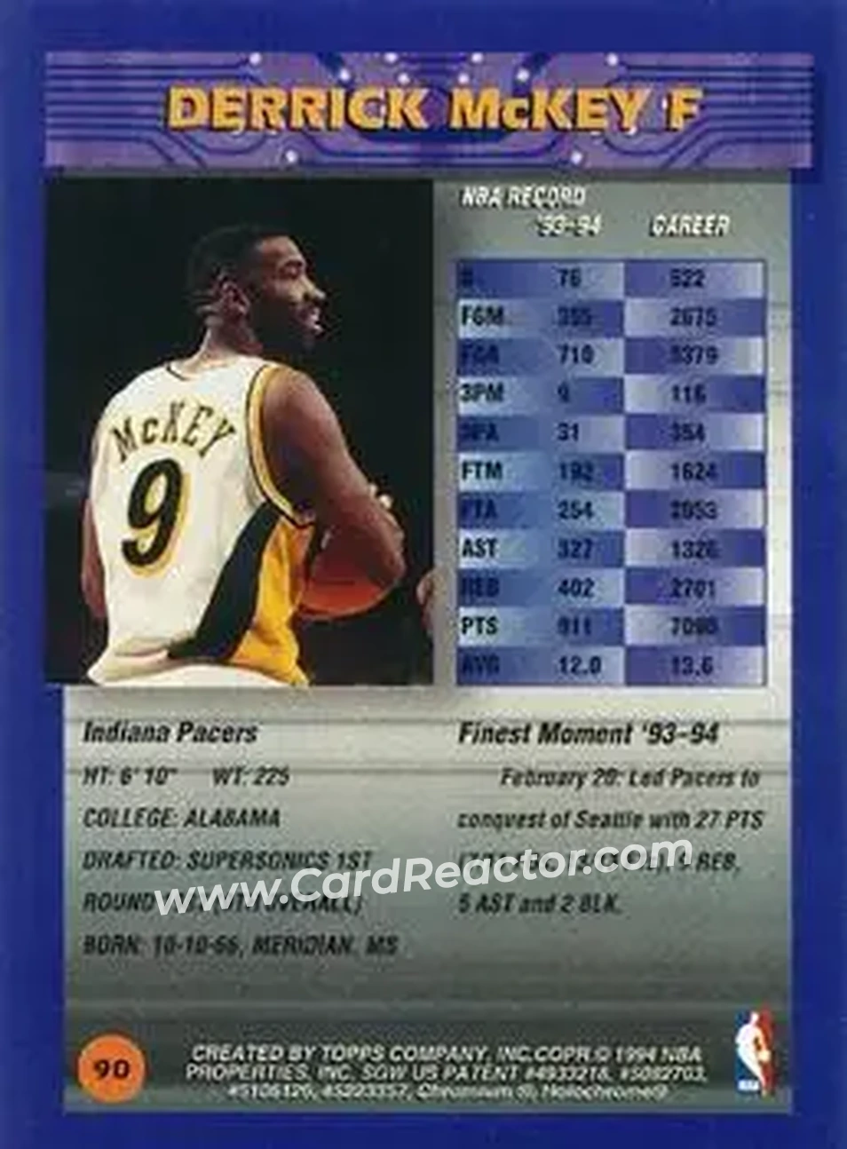 1994-95 Finest - Refractors #90 - Derrick McKey - Indiana Pacers - Back