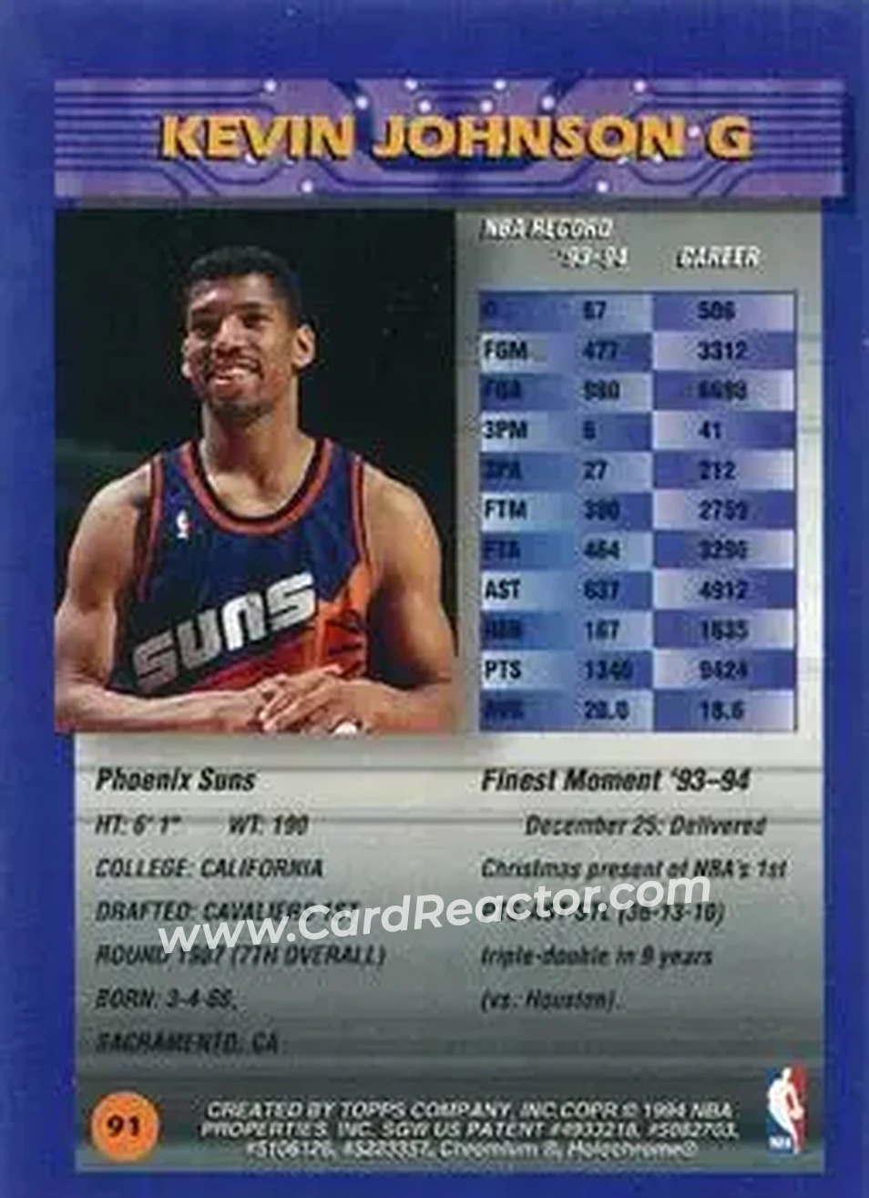 1994-95 Finest - Refractors #91 - Kevin Johnson - Phoenix Suns - Back