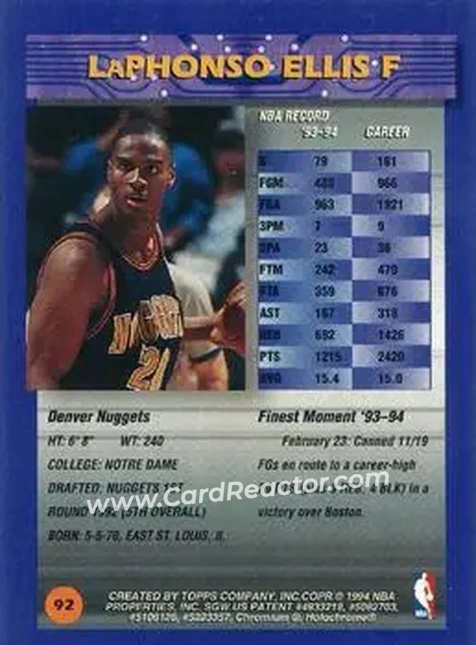 1994-95 Finest - Refractors #92 - LaPhonso Ellis - Denver Nuggets - Back