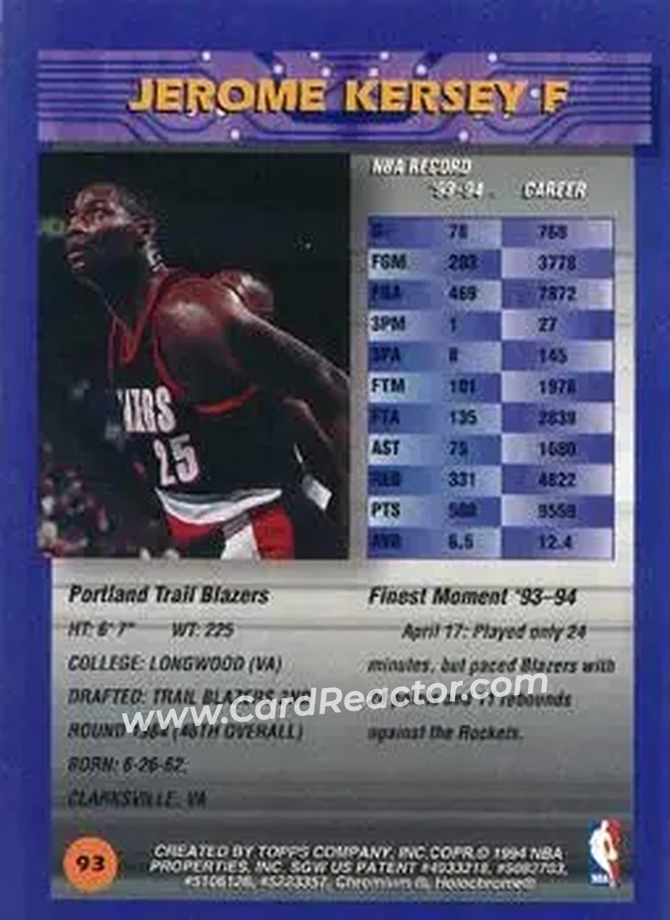 1994-95 Finest - Refractors #93 - Jerome Kersey - Portland Trail Blazers - Back 1994-95 Finest - Refractors #93 - Jerome Kersey - Portland Trail Blazers - Back