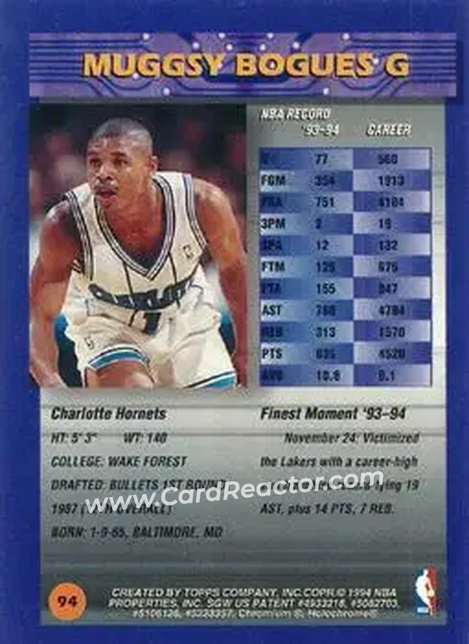 1994-95 Finest - Refractors #94 - Muggsy Bogues - Charlotte Hornets - Back 1994-95 Finest - Refractors #94 - Muggsy Bogues - Charlotte Hornets - Back