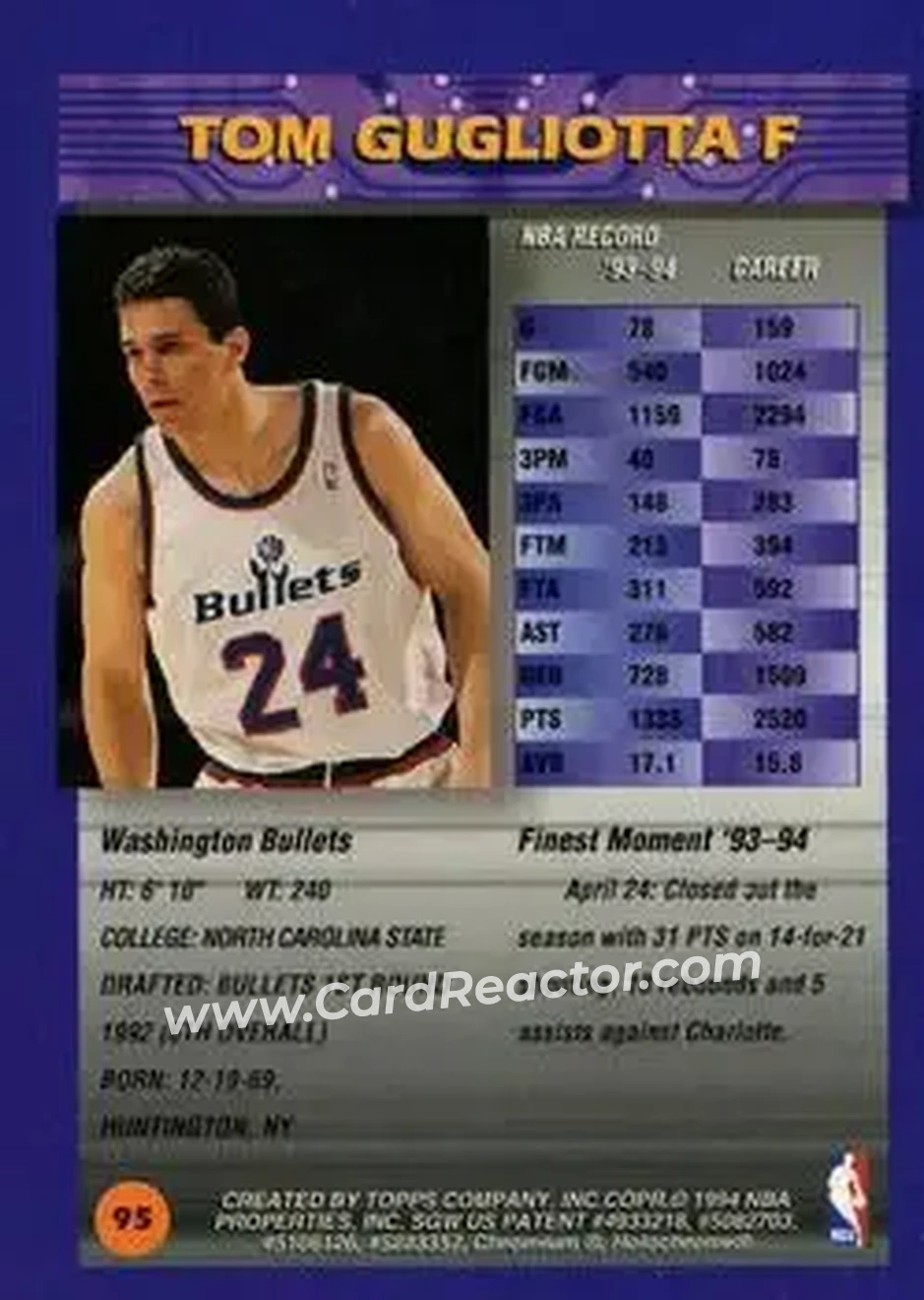 1994-95 Finest - Refractors #95 - Tom Gugliotta - Washington Bullets - Back 1994-95 Finest - Refractors #95 - Tom Gugliotta - Washington Bullets - Back