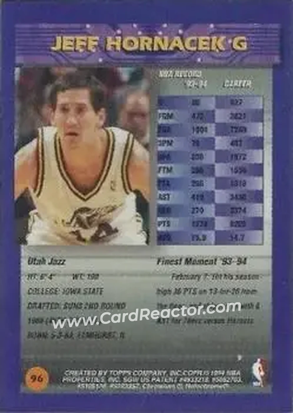1994-95 Finest - Refractors #96 - Jeff Hornacek - Utah Jazz - Back 1994-95 Finest - Refractors #96 - Jeff Hornacek - Utah Jazz - Back