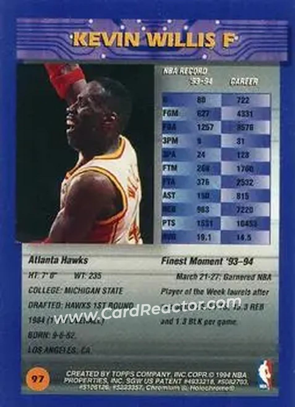 1994-95 Finest - Refractors #97 - Kevin Willis - Atlanta Hawks - Back 1994-95 Finest - Refractors #97 - Kevin Willis - Atlanta Hawks - Back