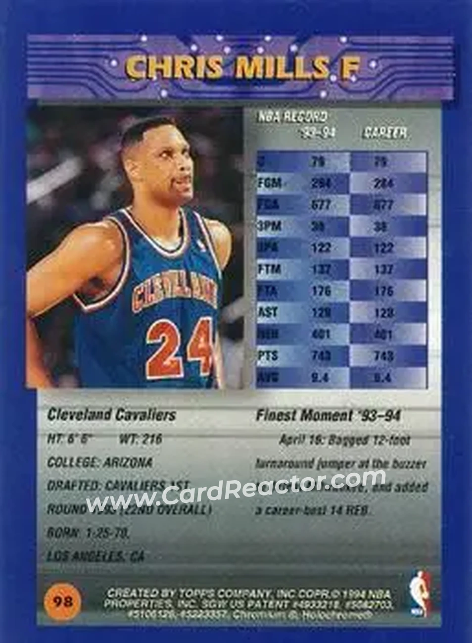 1994-95 Finest - Refractors #98 - Chris Mills - Cleveland Cavaliers - Back 1994-95 Finest - Refractors #98 - Chris Mills - Cleveland Cavaliers - Back