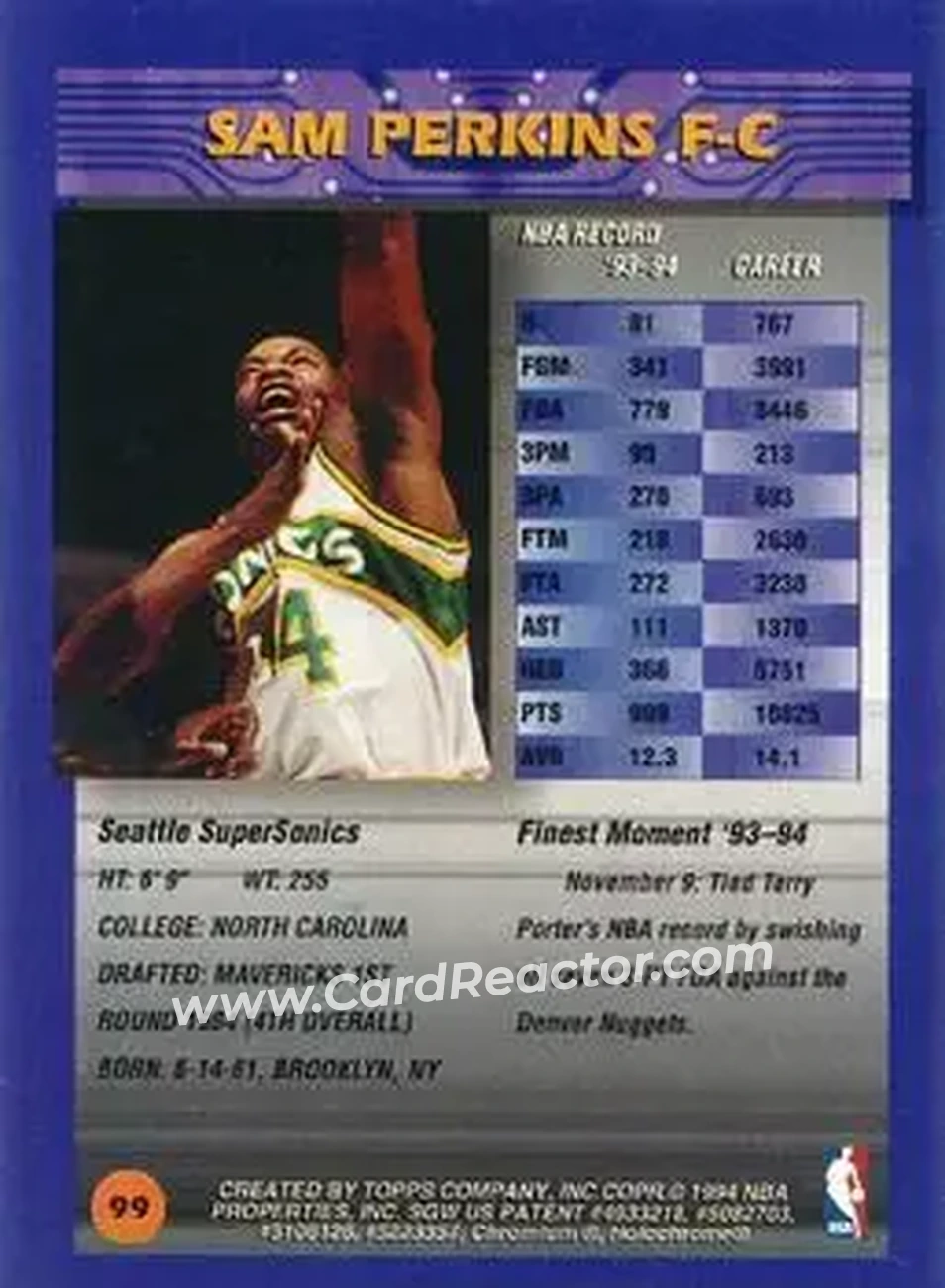 1994-95 Finest - Refractors #99 - Sam Perkins - Seattle SuperSonics - Back 1994-95 Finest - Refractors #99 - Sam Perkins - Seattle SuperSonics - Back