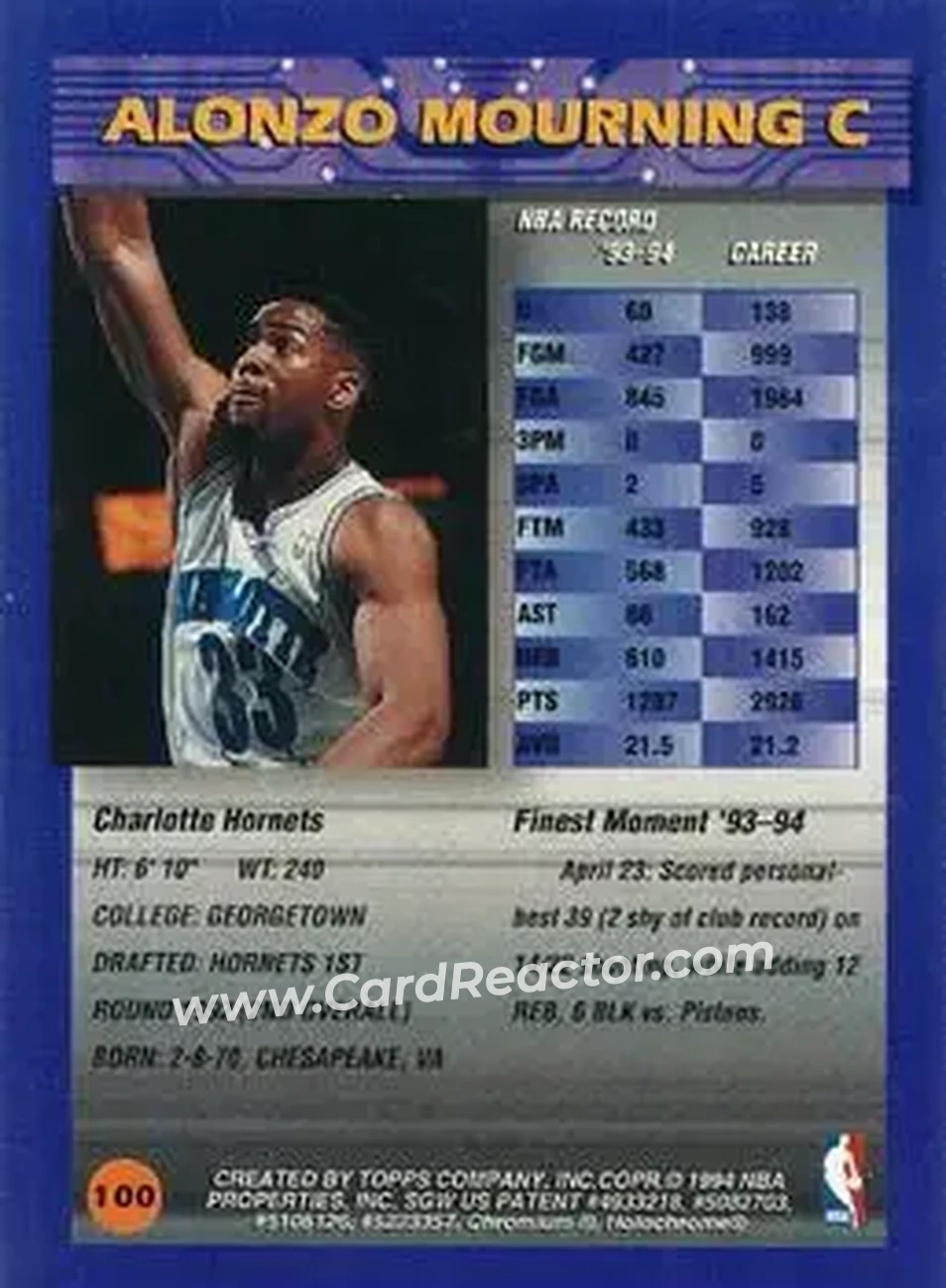 1994-95 Finest - Refractors #100 - Alonzo Mourning - Charlotte Hornets - Back 1994-95 Finest - Refractors #100 - Alonzo Mourning - Charlotte Hornets - Back