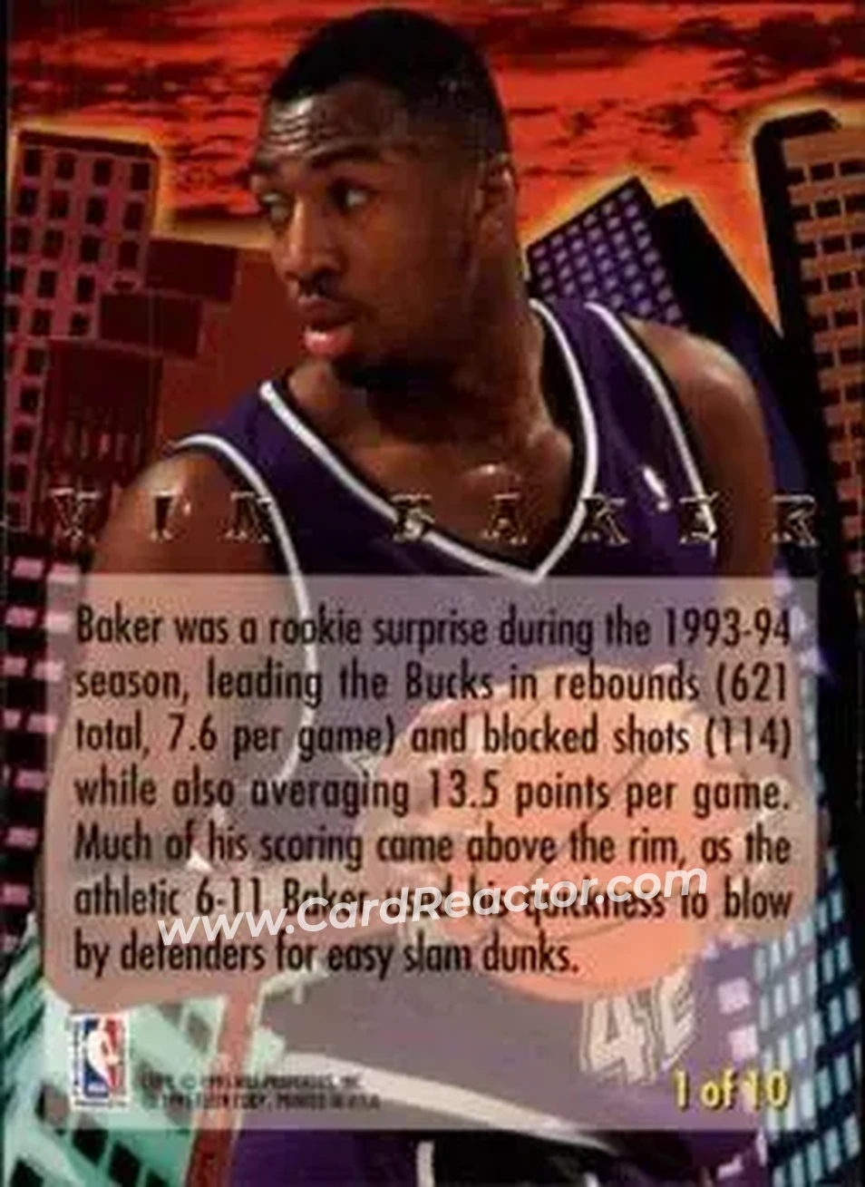 1994-95 Ultra - Jam City #1 - Vin Baker - Milwaukee Bucks - Back