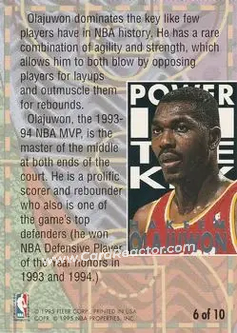 1994-95 Ultra - Power in the Key #6 - Hakeem Olajuwon - Houston Rockets - Back