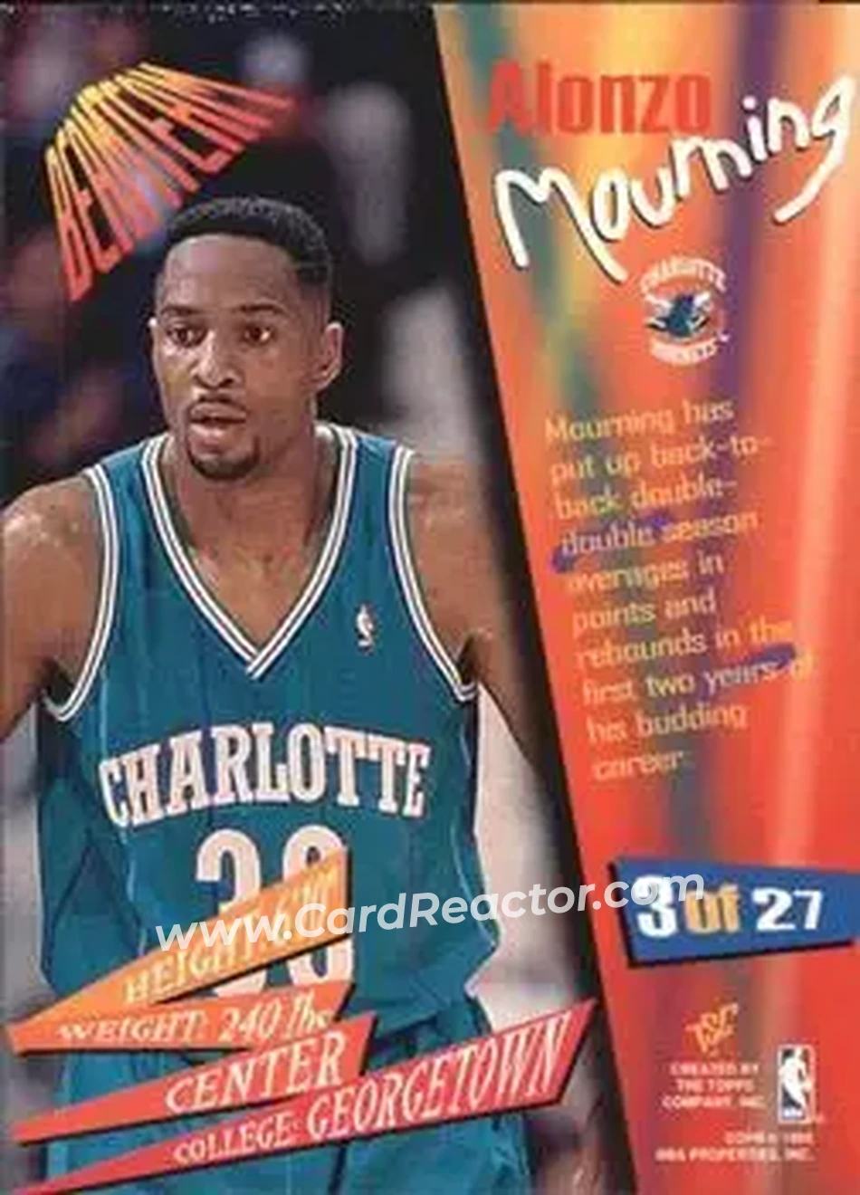 1994-95 Stadium Club - Beam Team #3 - Alonzo Mourning - Charlotte Hornets - Back
