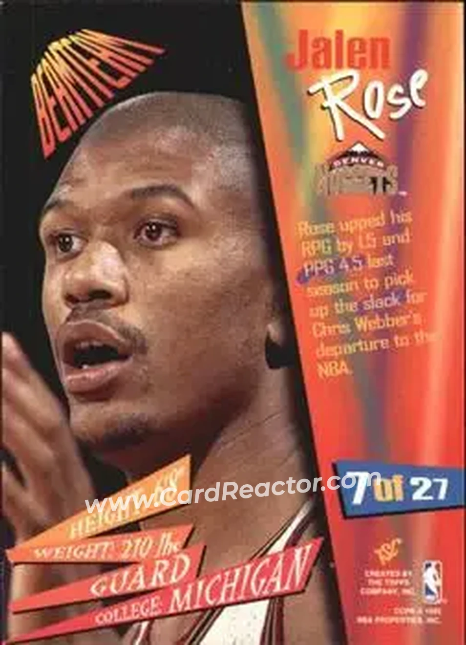 1994-95 Stadium Club - Beam Team #7 - Jalen Rose - Denver Nuggets - Back 1994-95 Stadium Club - Beam Team #7 - Jalen Rose - Denver Nuggets - Back