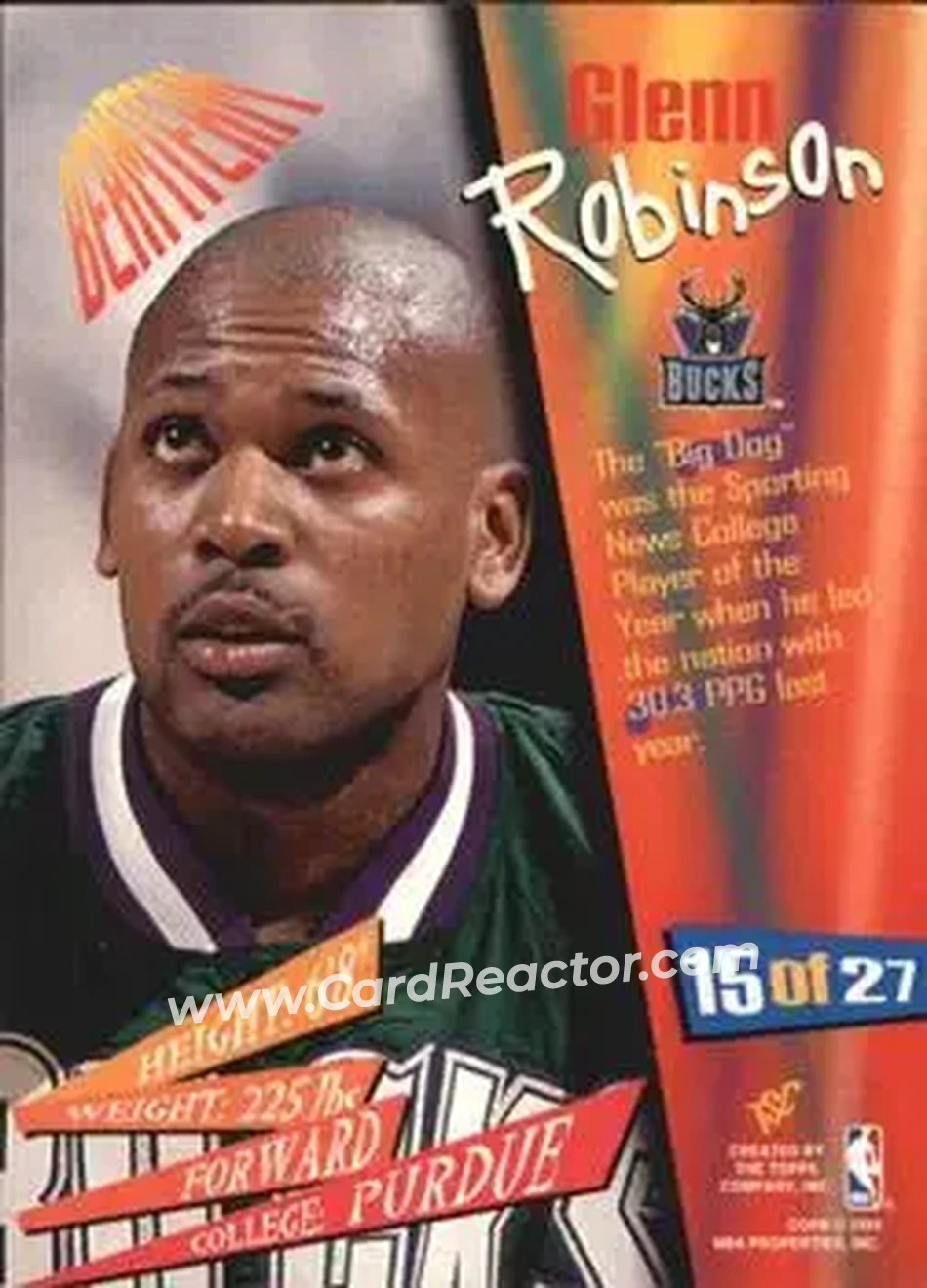 1994-95 Stadium Club - Beam Team #15 - Glenn Robinson - Milwaukee Bucks - Back 1994-95 Stadium Club - Beam Team #15 - Glenn Robinson - Milwaukee Bucks - Back