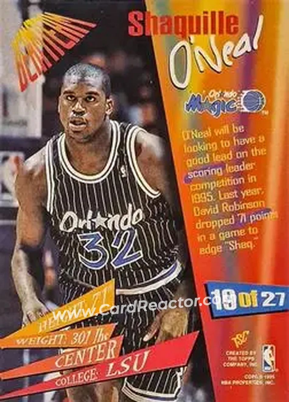 1994-95 Stadium Club - Beam Team #19 - Shaquille O'Neal - Orlando Magic - Back 1994-95 Stadium Club - Beam Team #19 - Shaquille O'Neal - Orlando Magic - Back