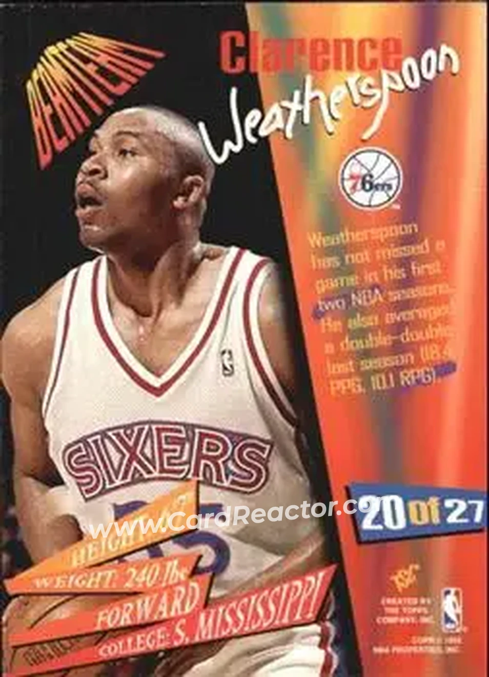 1994-95 Stadium Club - Beam Team #20 - Clarence Weatherspoon - Philadelphia 76ers - Back 1994-95 Stadium Club - Beam Team #20 - Clarence Weatherspoon - Philadelphia 76ers - Back