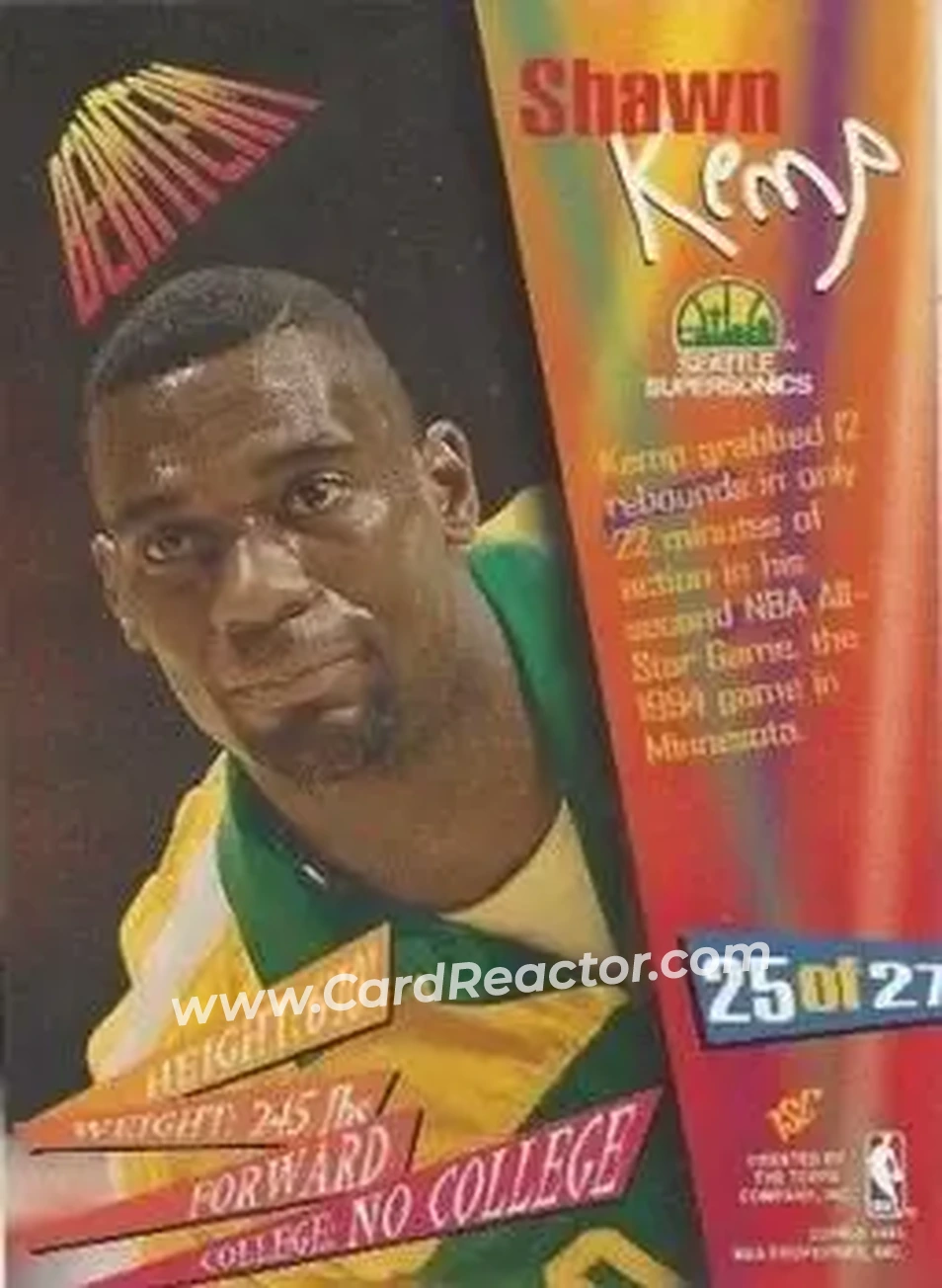 1994-95 Stadium Club - Beam Team #25 - Shawn Kemp - Seattle SuperSonics - Back 1994-95 Stadium Club - Beam Team #25 - Shawn Kemp - Seattle SuperSonics - Back