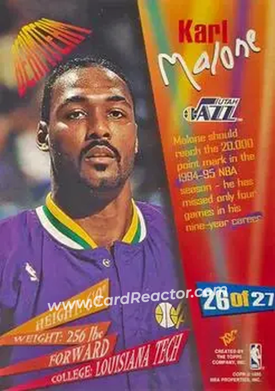 1994-95 Stadium Club - Beam Team #26 - Karl Malone - Utah Jazz - Back