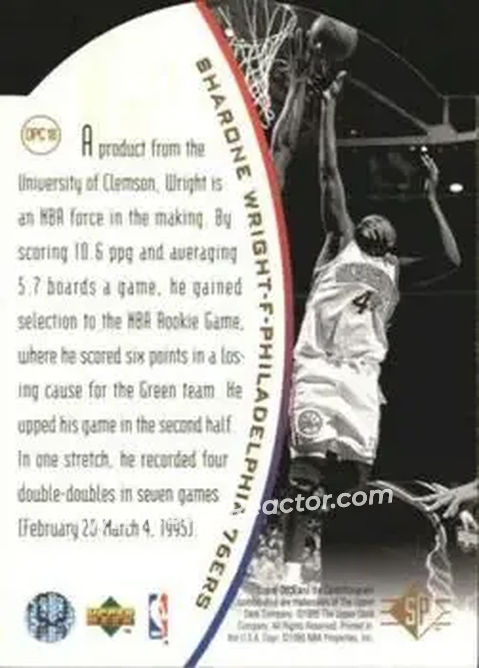 1994-95 SP - Holoviews Die Cut #DPC18 - Sharone Wright - Philadelphia 76ers - Back 1994-95 SP - Holoviews Die Cut #DPC18 - Sharone Wright - Philadelphia 76ers - Back