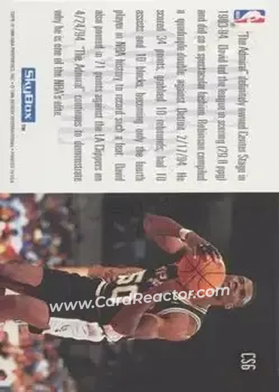 1994-95 SkyBox Premium - Center Stage #CS6 - David Robinson - San Antonio Spurs - Back 1994-95 SkyBox Premium - Center Stage #CS6 - David Robinson - San Antonio Spurs - Back
