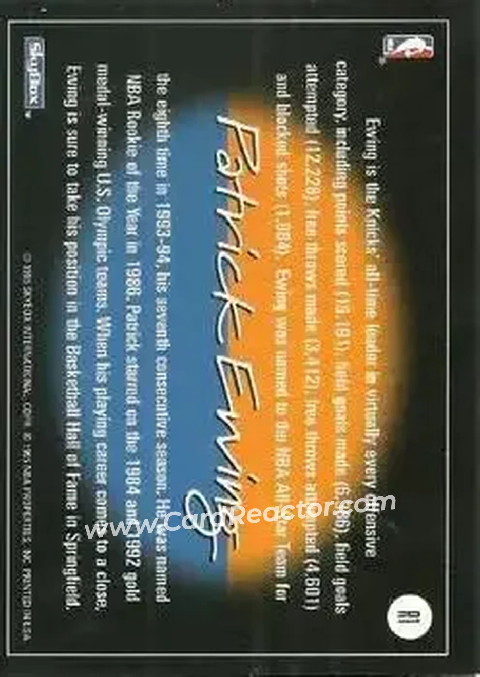 1994-95 SkyBox Premium - Revolution #R1 - Patrick Ewing - New York Knicks - Back 1994-95 SkyBox Premium - Revolution #R1 - Patrick Ewing - New York Knicks - Back