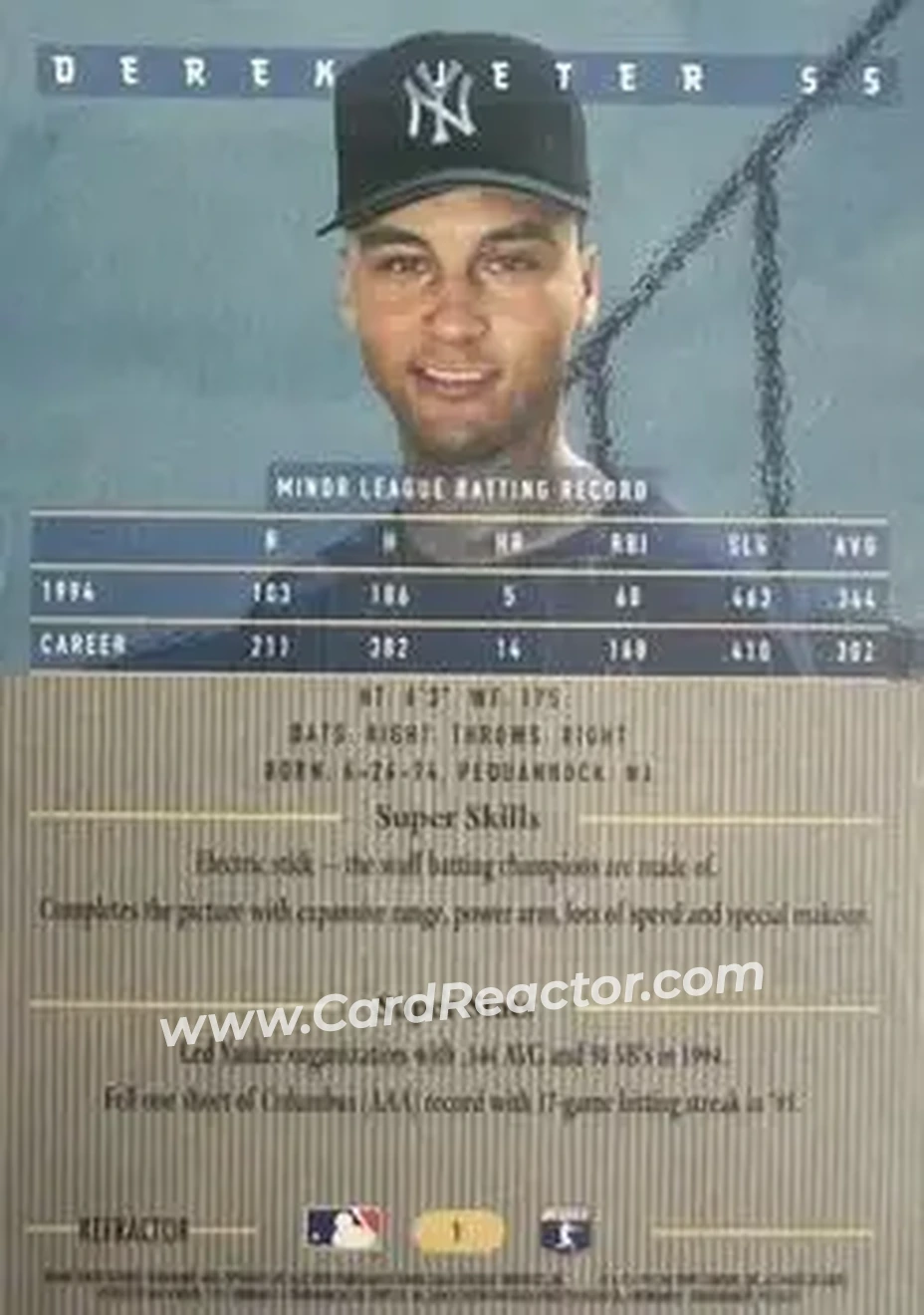 1995 Bowman's Best - Refractors #1 - Derek Jeter - New York Yankees - Back