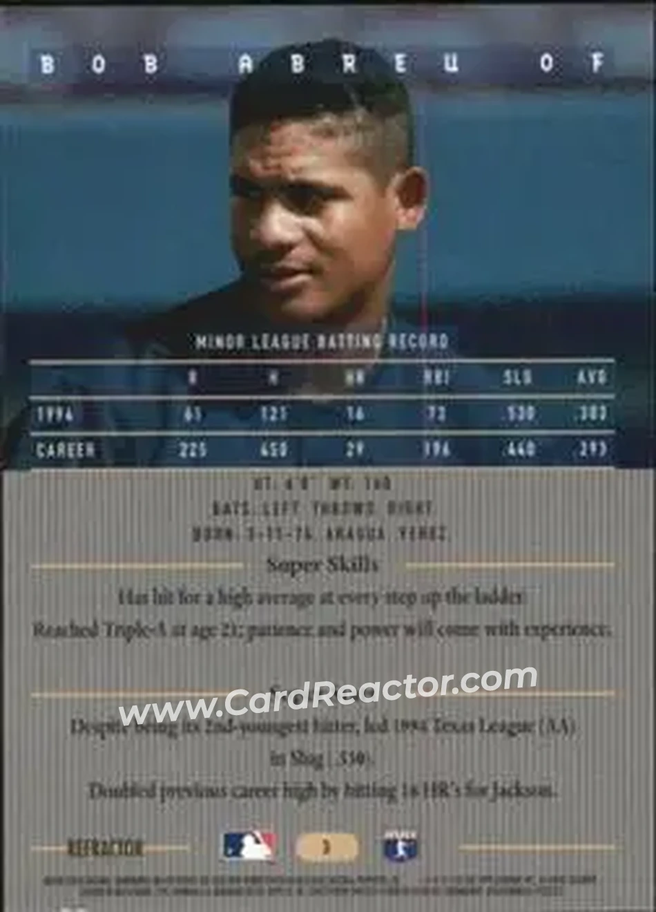 1995 Bowman's Best - Refractors #3 - Bob Abreu - Houston Astros - Back