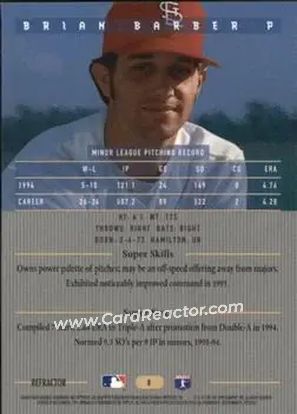 1995 Bowman's Best - Refractors #8 - Brian Barber - St. Louis Cardinals - Back