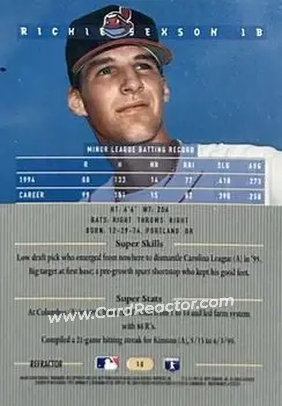 1995 Bowman's Best - Refractors #10 - Richie Sexson - Cleveland Indians - Back