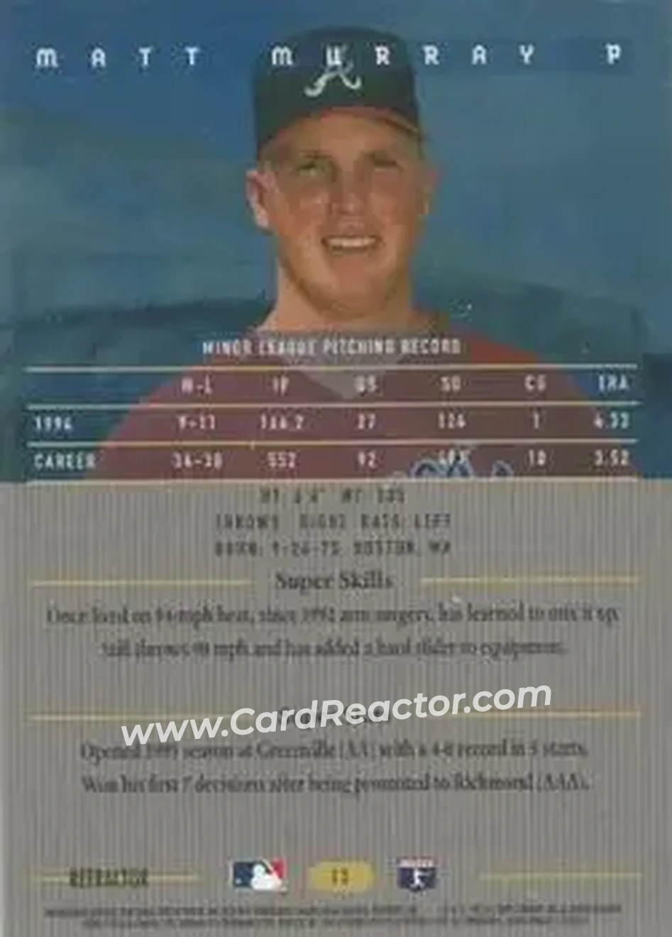 1995 Bowman's Best - Refractors #13 - Matt Murray - Atlanta Braves - Back