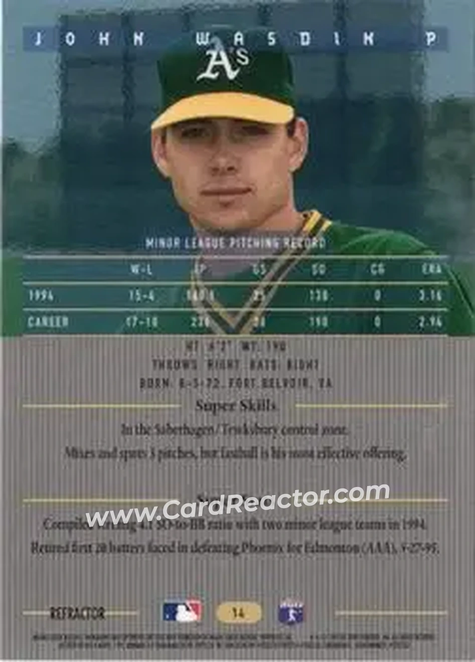 1995 Bowman's Best - Refractors #14 - John Wasdin - Oakland Athletics - Back