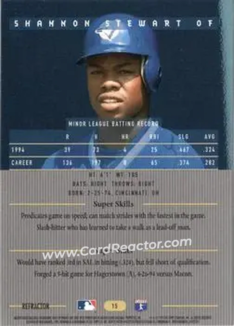1995 Bowman's Best - Refractors #15 - Shannon Stewart - Toronto Blue Jays - Back 1995 Bowman's Best - Refractors #15 - Shannon Stewart - Toronto Blue Jays - Back