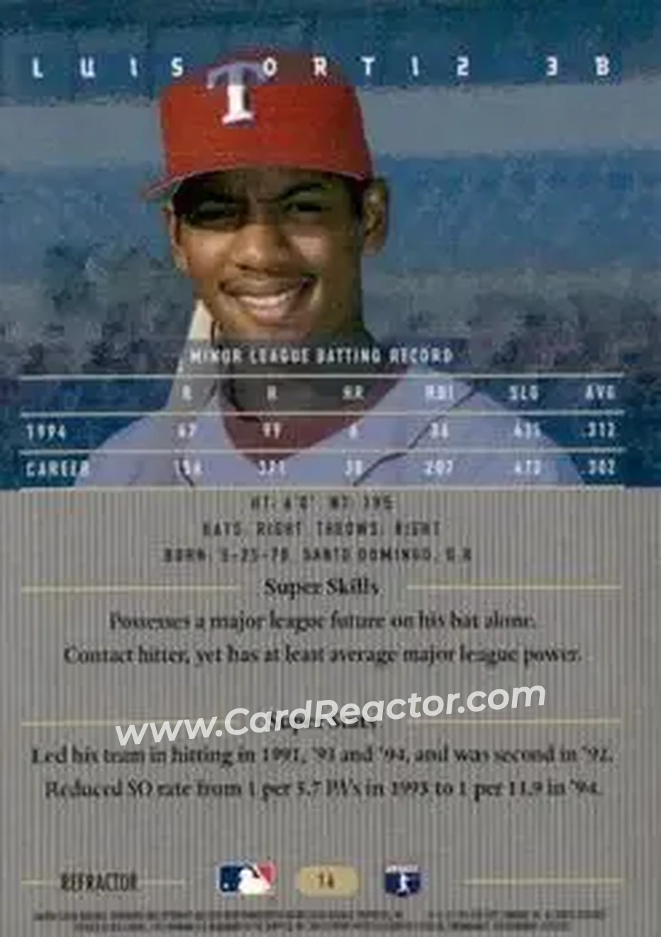 1995 Bowman's Best - Refractors #16 - Luis Ortiz - Texas Rangers - Back