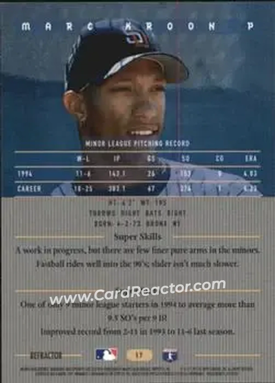 1995 Bowman's Best - Refractors #17 - Marc Kroon - San Diego Padres - Back