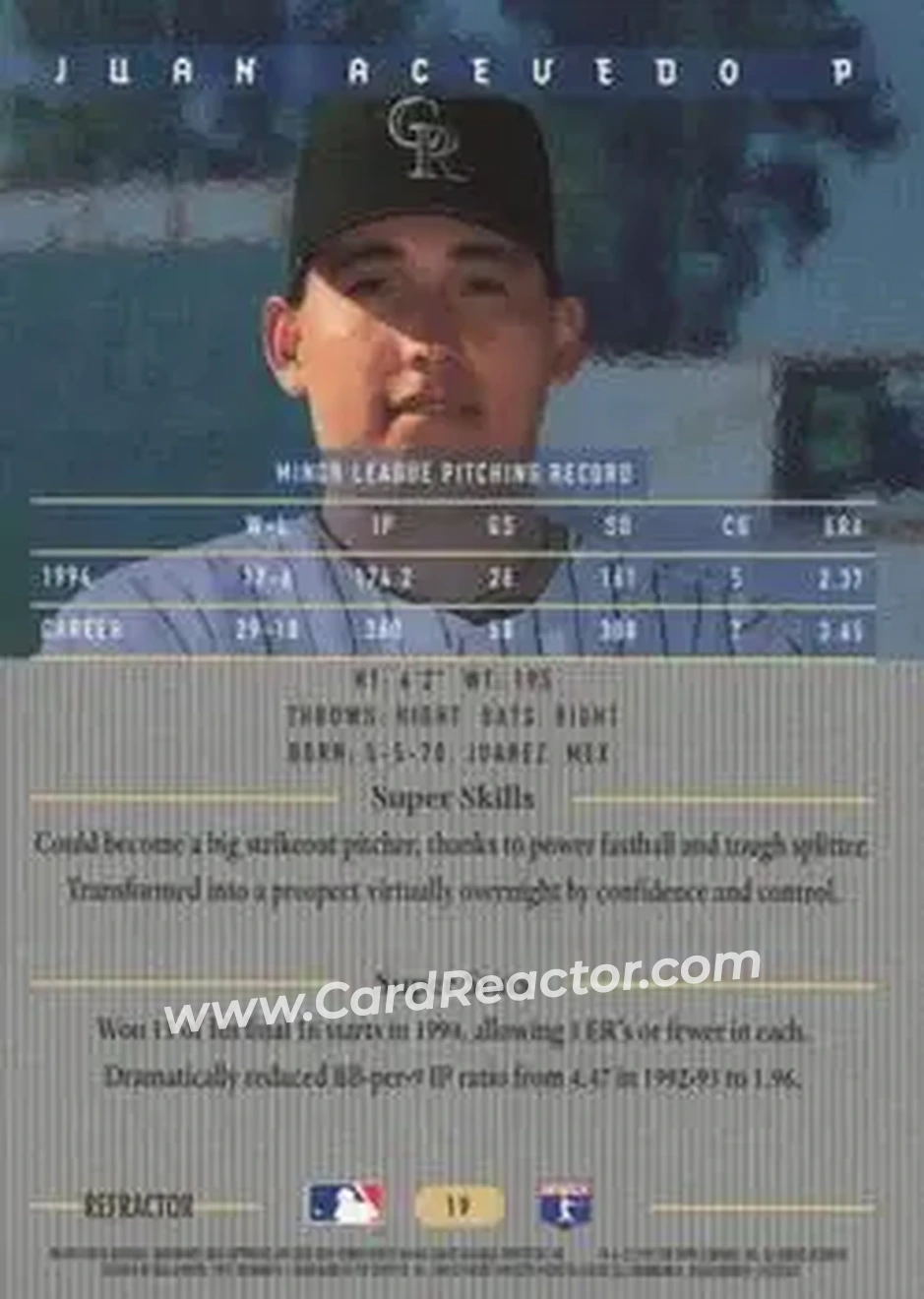 1995 Bowman's Best - Refractors #19 - Juan Acevedo - Colorado Rockies - Back