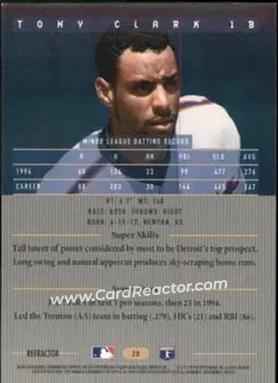 1995 Bowman's Best - Refractors #20 - Tony Clark - Detroit Tigers - Back