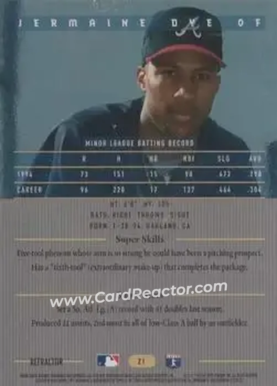 1995 Bowman's Best - Refractors #21 - Jermaine Dye - Atlanta Braves - Back