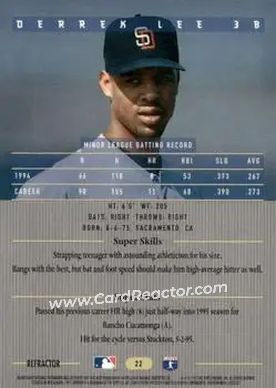 1995 Bowman's Best - Refractors #22 - Derrek Lee - San Diego Padres - Back