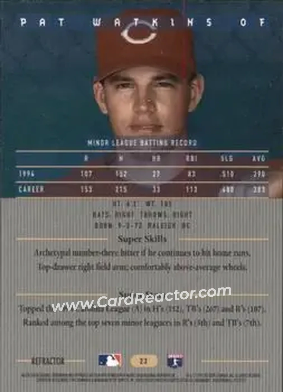1995 Bowman's Best - Refractors #23 - Pat Watkins - Cincinnati Reds - Back