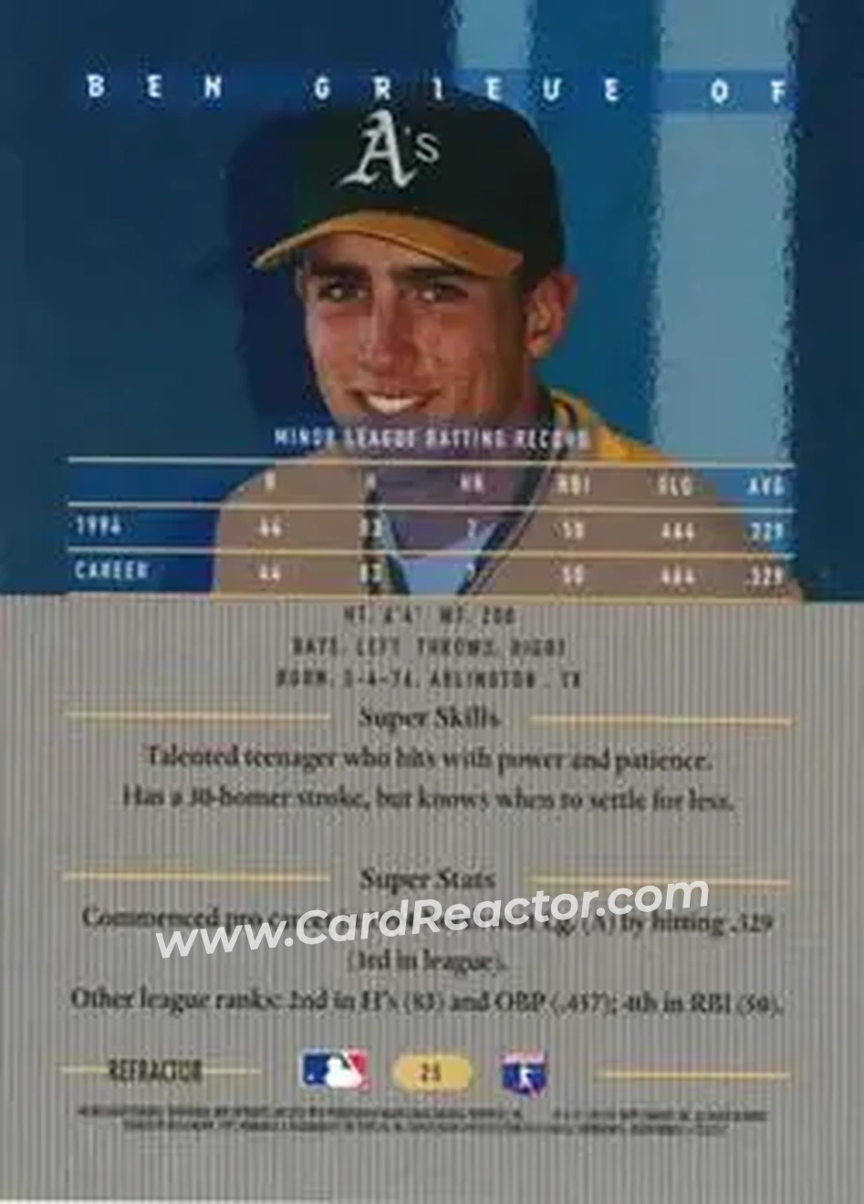 1995 Bowman's Best - Refractors #25 - Ben Grieve - Oakland Athletics - Back