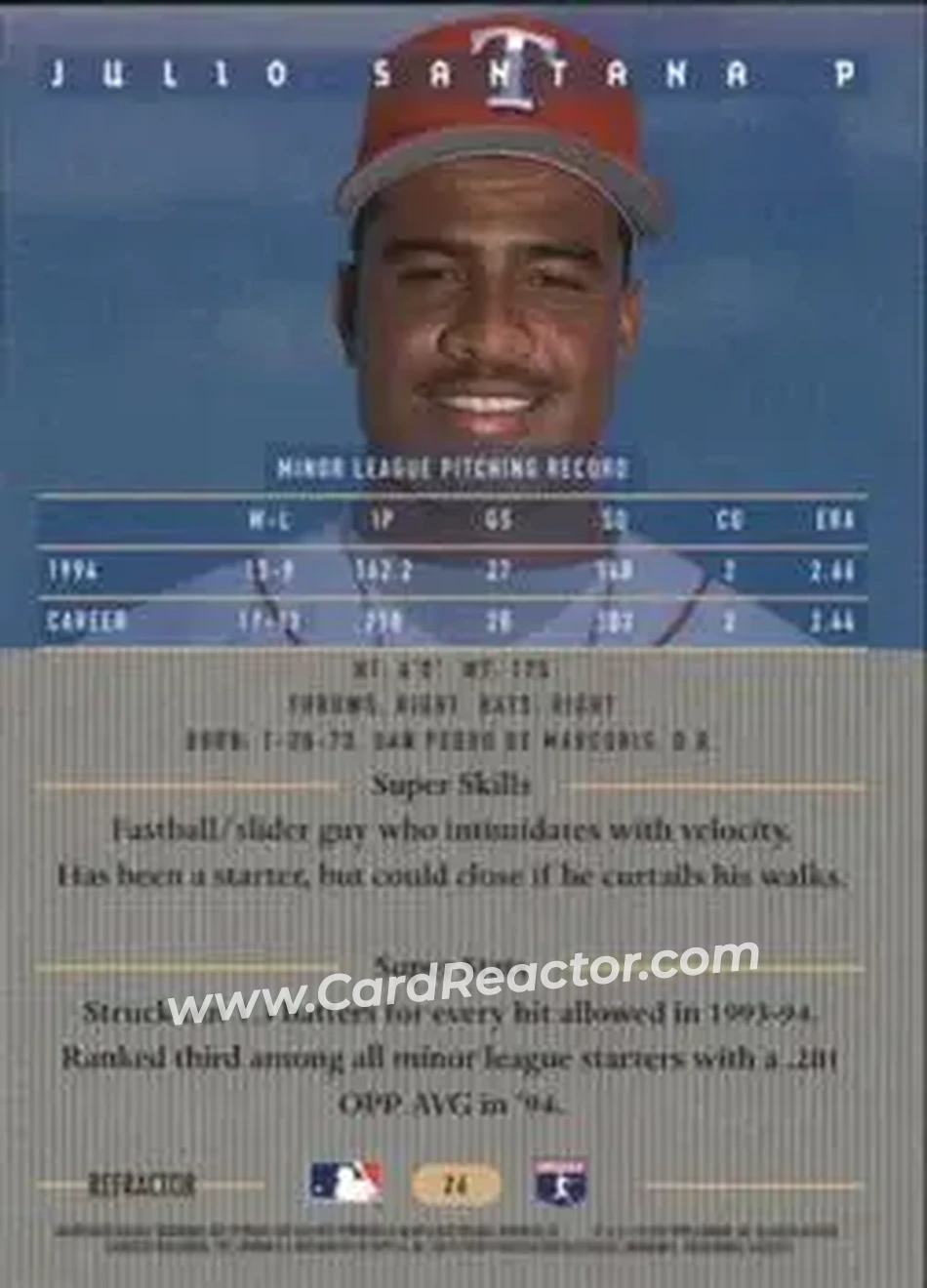 1995 Bowman's Best - Refractors #26 - Julio Santana - Texas Rangers - Back 1995 Bowman's Best - Refractors #26 - Julio Santana - Texas Rangers - Back