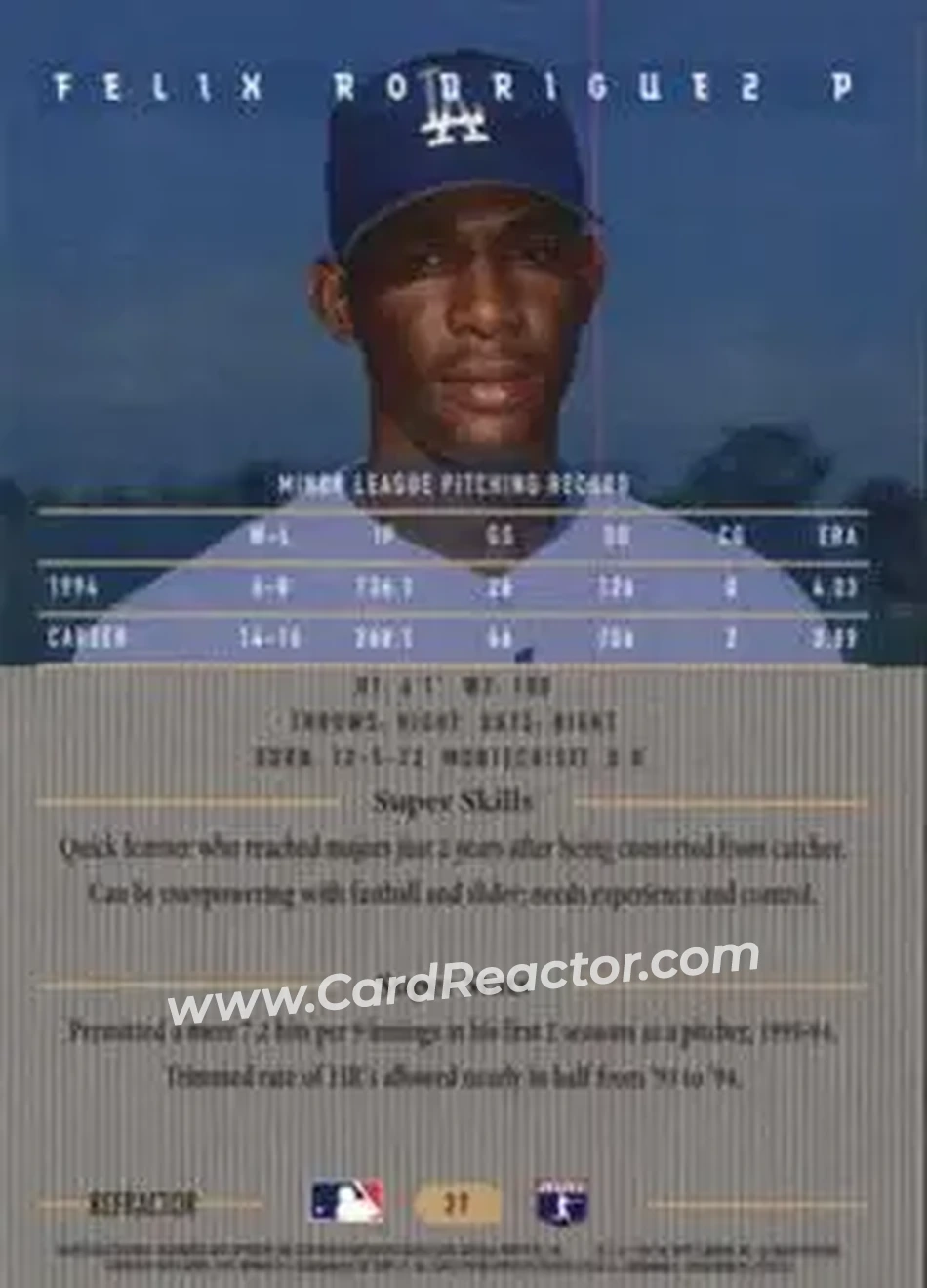 1995 Bowman's Best - Refractors #27 - Felix Rodriguez - Los Angeles Dodgers - Back