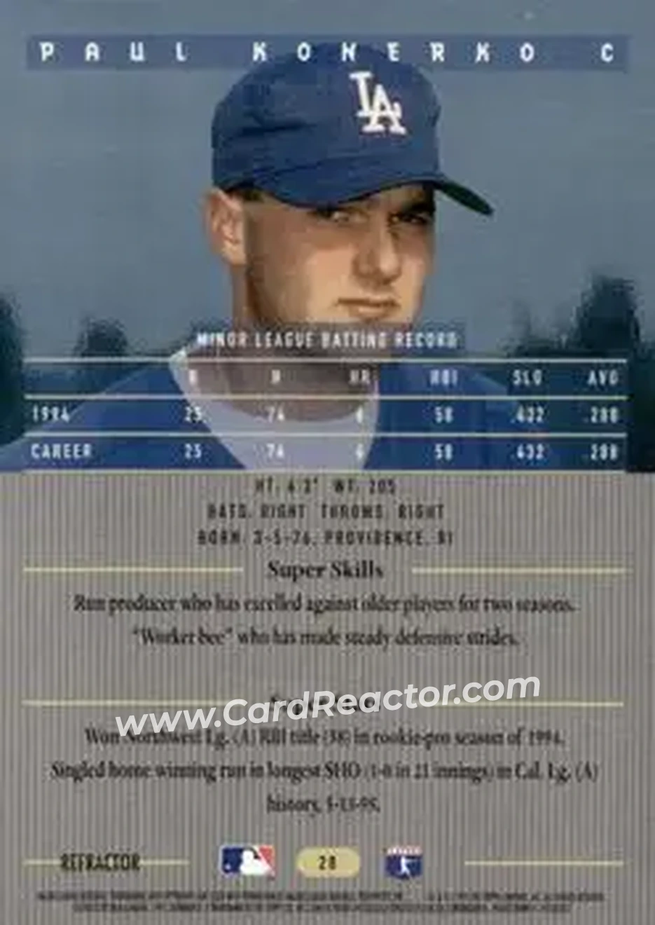 1995 Bowman's Best - Refractors #28 - Paul Konerko - Los Angeles Dodgers - Back